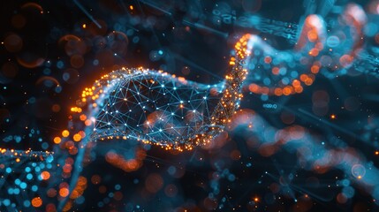 Digital DNA Helix Symbolizing Modern Biotechnology Advancements. A DNA strand illuminated by digital nodes