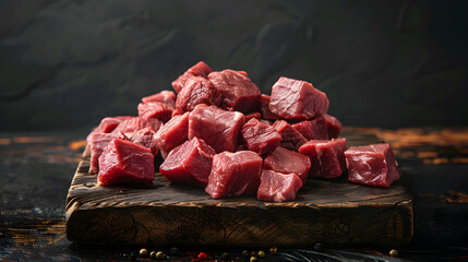 Red raw meat pieces on a wooden board