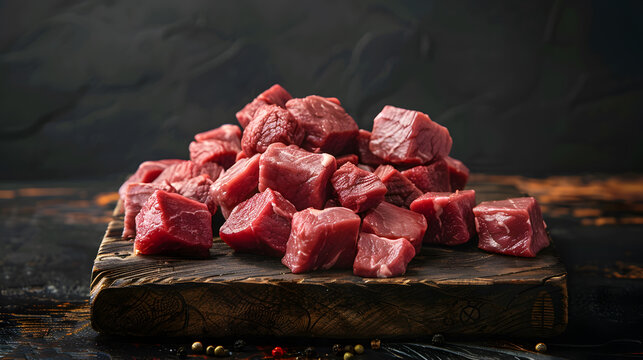 Red raw meat pieces on a wooden board