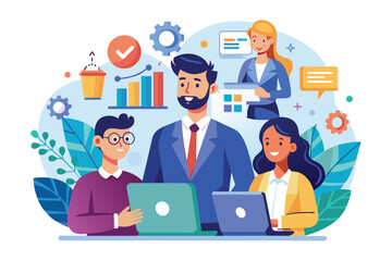 A cartoon illustration depicts a business team working on a project with laptops and charts. The scene showcases teamwork, collaboration, and productivity in a modern business setting.