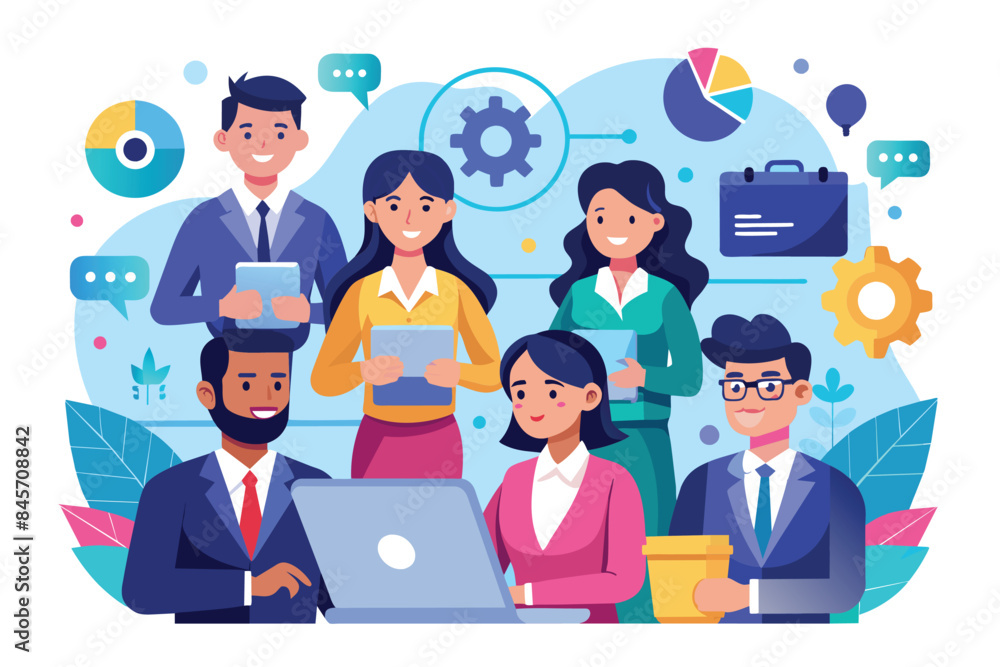 Poster a diverse team of business professionals collaborate on a project using a laptop and various digital