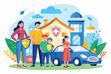 Fototapeta premium A family of four stands in front of their home, a car, and a shield representing their health and life insurance plan.