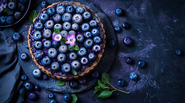 Top view of Blueberry Cake on a dark purple background