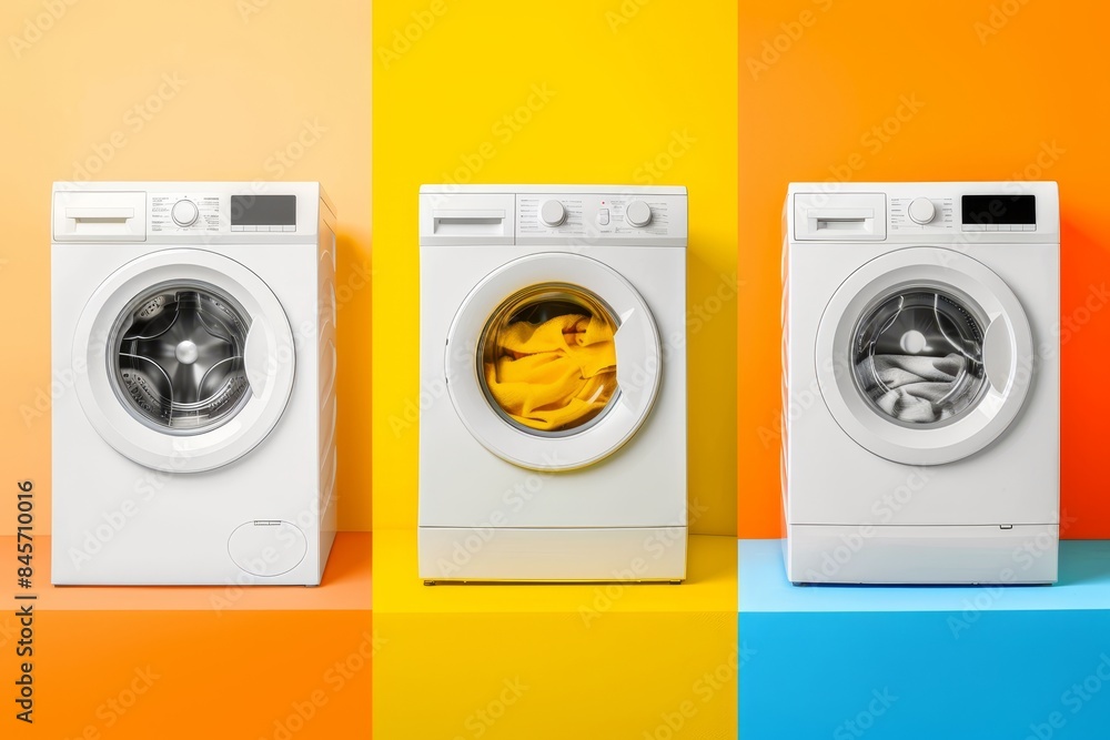 Poster poster featuring a row of washing machines with ample blank space for easy insertion of text