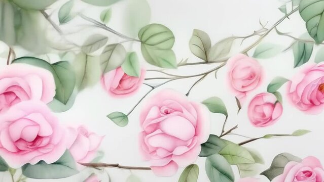 A delicate floral border featuring soft pink roses and green leaves on a light, airy background. The roses are in various stages of bloom, adding a graceful touch to the scene