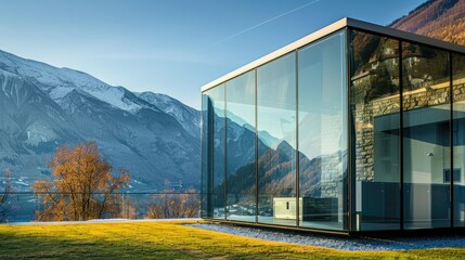 Fototapeta premium Glass House With Mountain Reflections