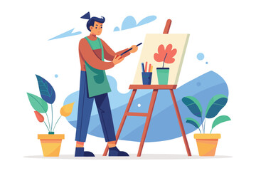 Fototapeta premium A young artist with a green apron is painting a flower on a canvas easel in their studio. There are potted plants on either side of the easel.