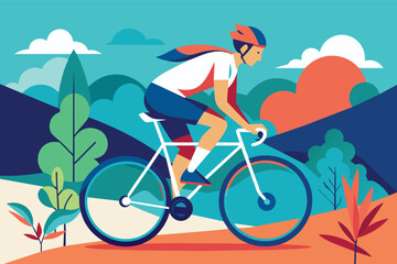 Fototapeta premium A cyclist in a helmet and a white jersey rides a white bicycle through a colorful landscape. The background features hills, trees, and clouds.