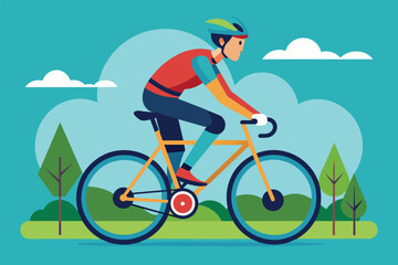 Fototapeta premium A person is riding a bicycle through a park with blue skies and white clouds.