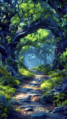 Fototapeta premium Magical forest path through a canopy of foliage sunlight breaking through, mystical blue green purple trees, scenic journey