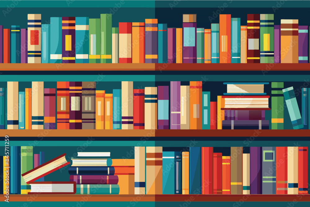 Poster a flat illustration of a wooden bookshelf with three rows of colorful books. the shelf is against a 