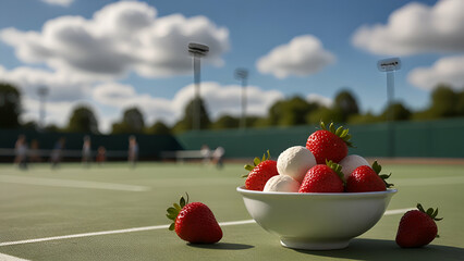  Bowl of strawberries and cream on a tennis court, with a blurred tennis stadium in the background, capturing the sporty treat.