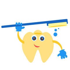 Cartoon cheerful tooth with eyes holds a brush in his hands. A smiling tooth with a brush in his hands. Tooth with brush
