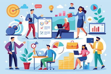 A colorful illustration depicting a team of business professionals collaborating on a marketing strategy and analyzing data.
