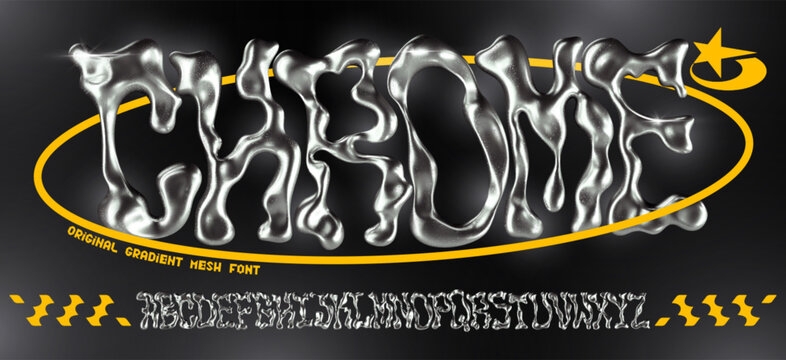 Melted chrome Y2K font. Metallic liquid 3D alphabet, metal blob shape creative typography and trendy distorted molten silver letters vector set