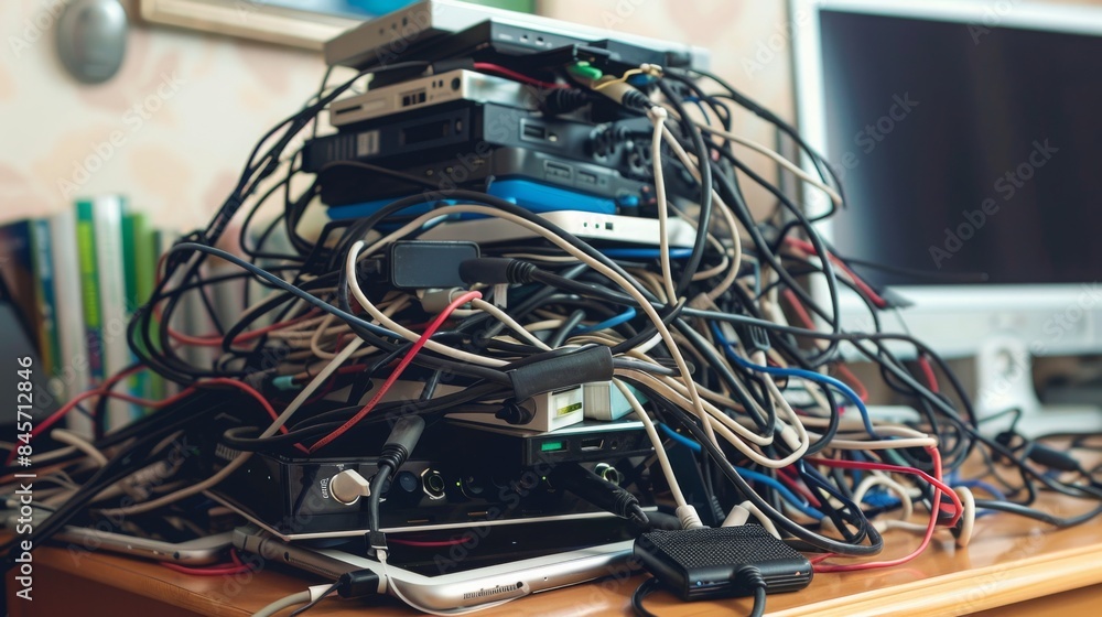 Aufkleber a desk covered in a tangled mess of wires and electronic devices. this image represents the struggle