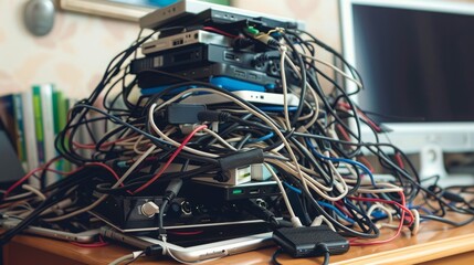 A desk covered in a tangled mess of wires and electronic devices. This image represents the struggles of modern technology and the complexities of keeping things organized.