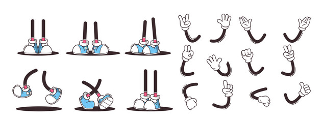 Stylized Of Retro Cartoon Hands And Legs In Various Poses And Gestures Such As Pointing, Waving, And Showing Peace Signs