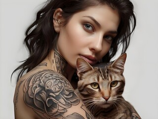 A very beautiful woman with a cat tattoo on her arm
