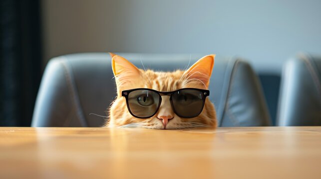 A ginger cat peeking over the edge of a table, its sunglasses hinting at a secret mission.