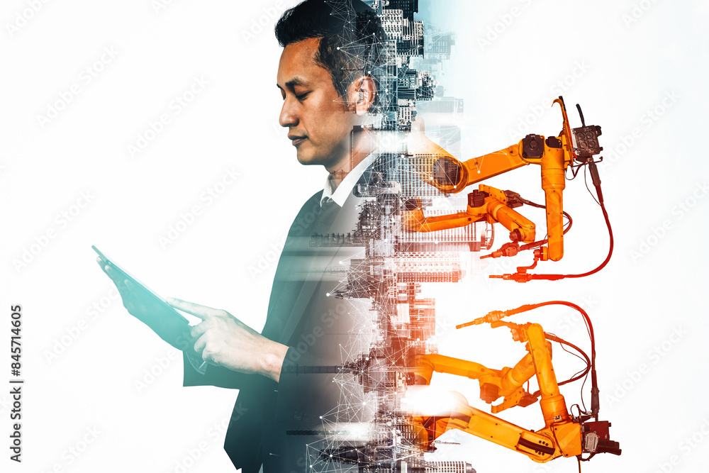 Poster mlp mechanized industry robot arm and factory worker double exposure. concept of robotics technology