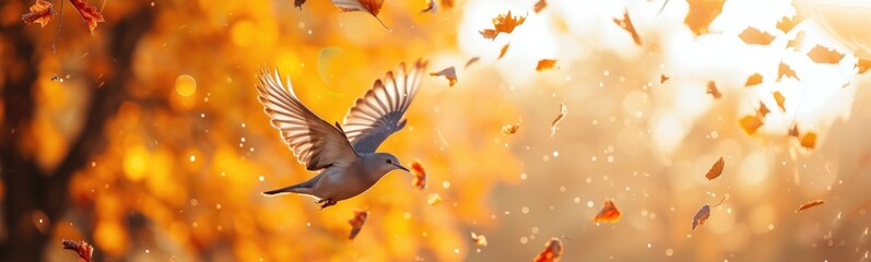 Obraz premium Bird flying through the air with lots of leaves