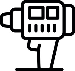 Black linear icon of an electric screwdriver standing on its charging station, isolated on a white background