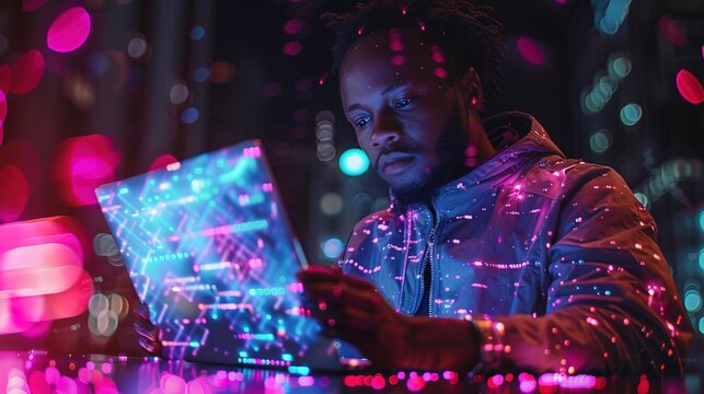 Future technology Man utilizing laptop and digital tablet with connectivity to the internet and computer code