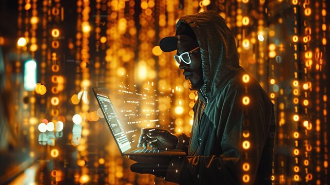 Future technology Man utilizing laptop and digital tablet with connectivity to the internet and computer code