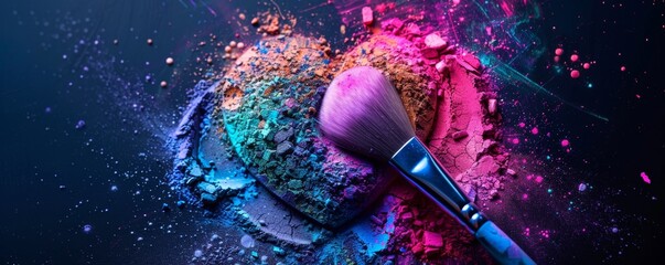 Heart shape made of multicolored powder with makeup brush against dark background, creative art concept