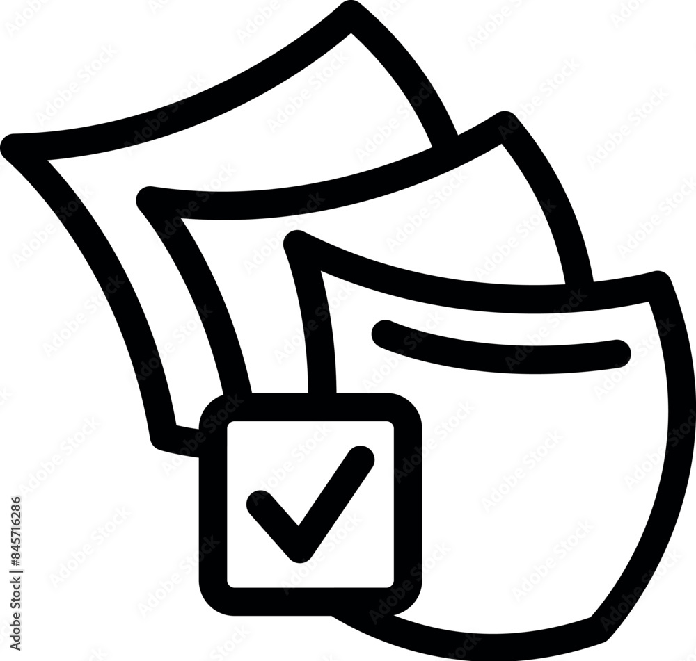 Poster minimalist icon of a check mark validating a stack of digital documents for business approval