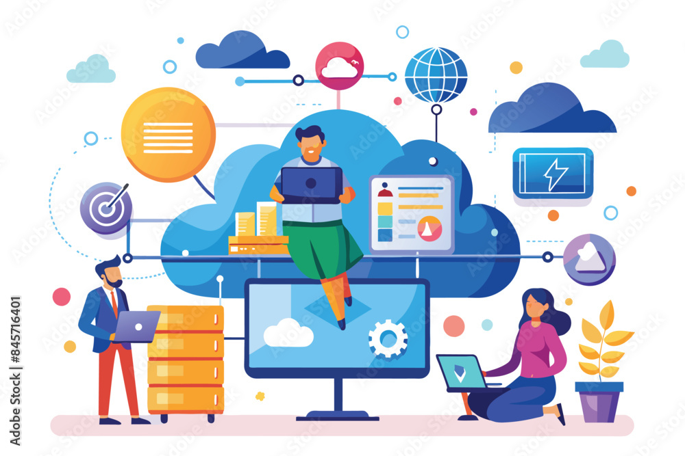 Poster illustration of three people using laptops connected to a cloud computing network, showcasing data s
