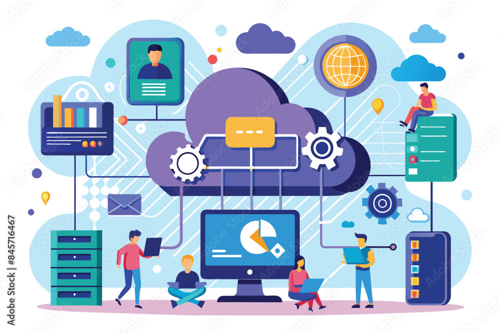 Poster this illustration depicts people working together on a computer network with cloud computing. it fea