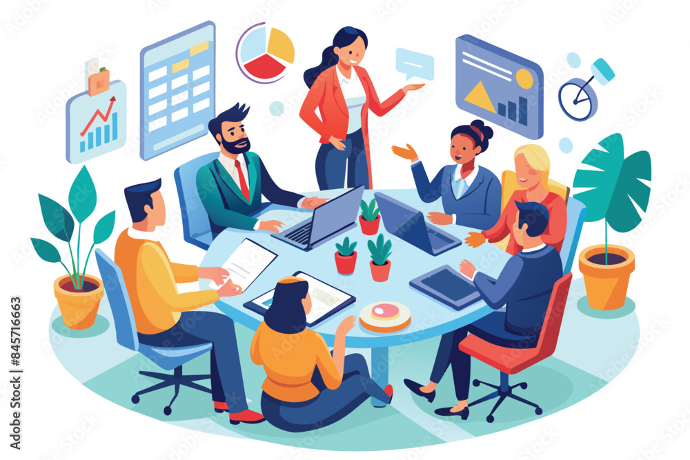 Poster a diverse group of professionals are gathered around a table for a meeting. they are using laptops a