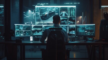 Man at Control Center Analyzing Data on Multiple Screens, Generative AI