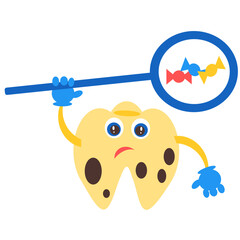 Rotten tooth. A tooth with caries holds a magnifying glass and sees germs. Cartoon tooth with caries