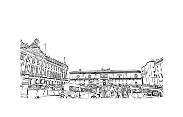 Print Building view with landmark of 
Santiago de Compostela is the city in Spain. Hand drawn sketch illustration in vector.