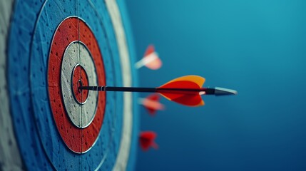 Close up of arrow hitting archery target with clear space provided for convenient text insertion