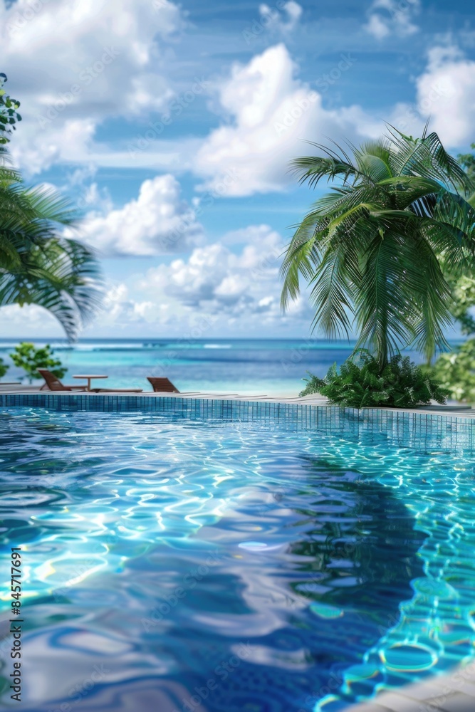 Poster a large swimming pool surrounded by palm trees