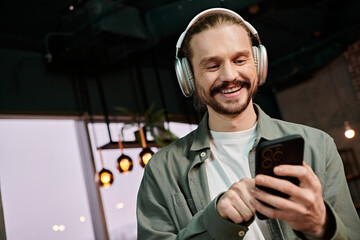 A man, headphones on, holding a cell phone, lost in music and conversation in a modern cafe setting.