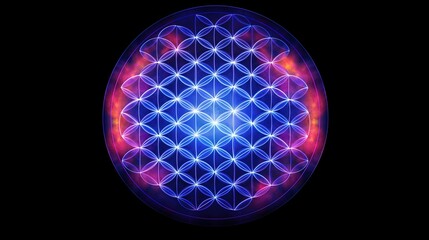 Glowing Blue And Pink Flower Of Life Geometric Pattern Mandala Sacred Geometry On Black Background