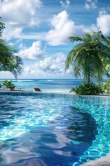 Obraz premium A large swimming pool surrounded by palm trees
