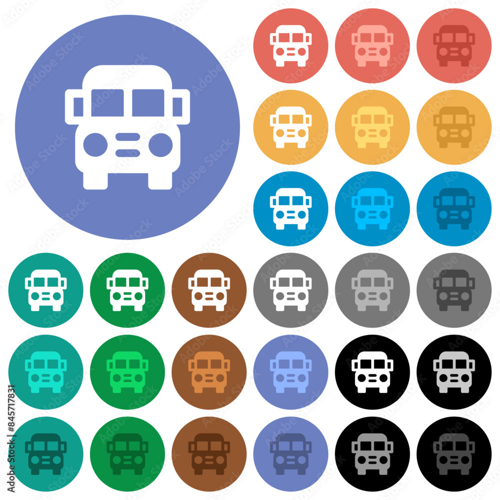 Sticker school bus front view solid round flat multi colored icons