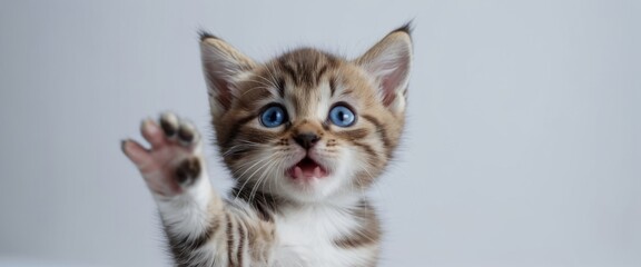 Obraz premium Playful kitten with bright blue eyes reaching up