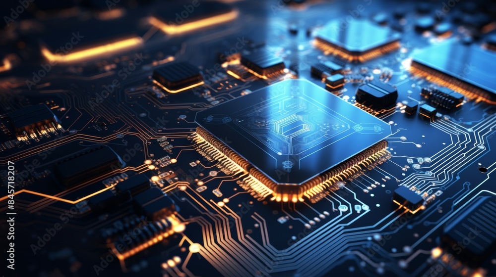 Poster a circuit board with intricate pathways and glowing components, symbolizing the complexity and innovation of modern technology.