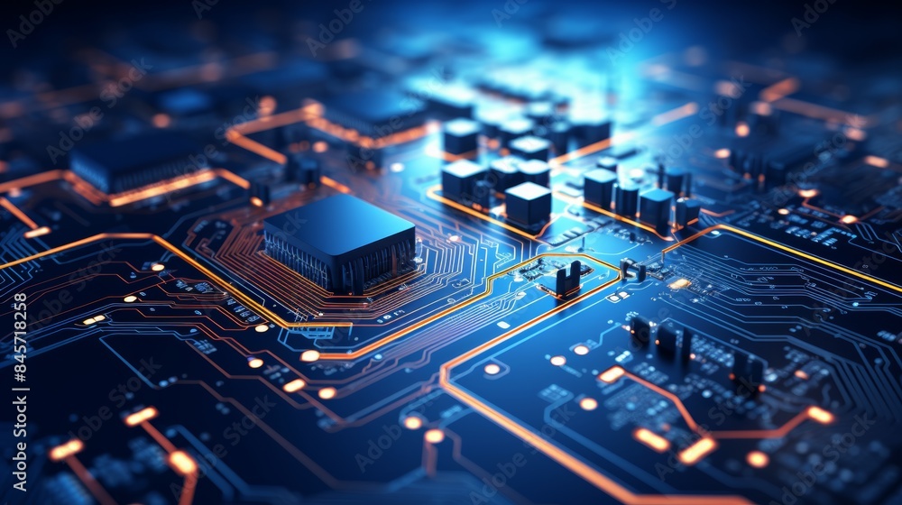 Poster a circuit board with intricate pathways and glowing components, symbolizing the complexity and innovation of modern technology.