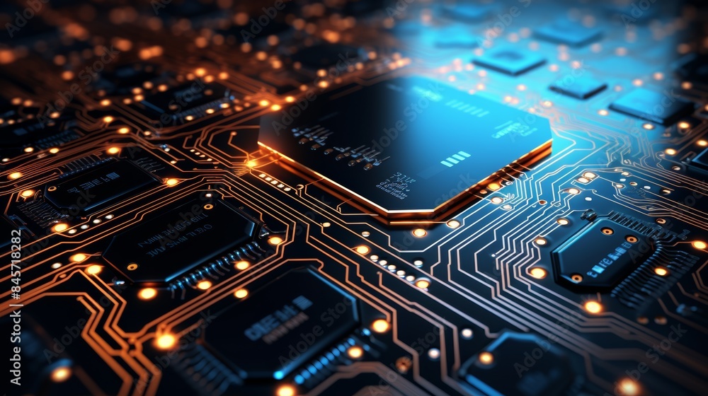 Poster a circuit board with intricate pathways and glowing components, symbolizing the complexity and innovation of modern technology.