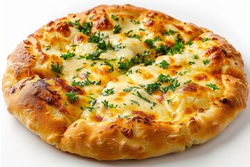 A cheese flatbread with a goldenbrown crust, white background