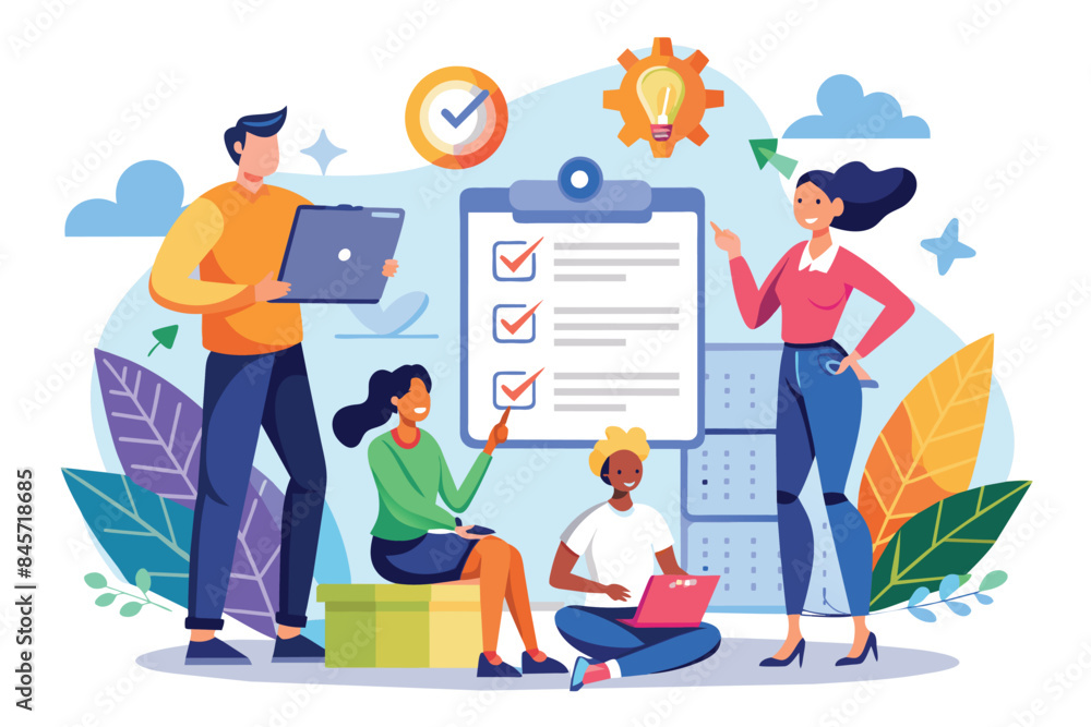 Poster a team of four people meet to discuss a checklist with completed tasks and an idea for a project. th