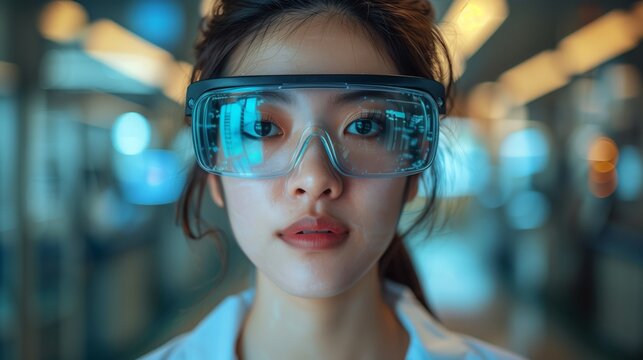 A young woman in a lab coat wears safety goggles, likely using a holographic training program to enhance her nursing skills.